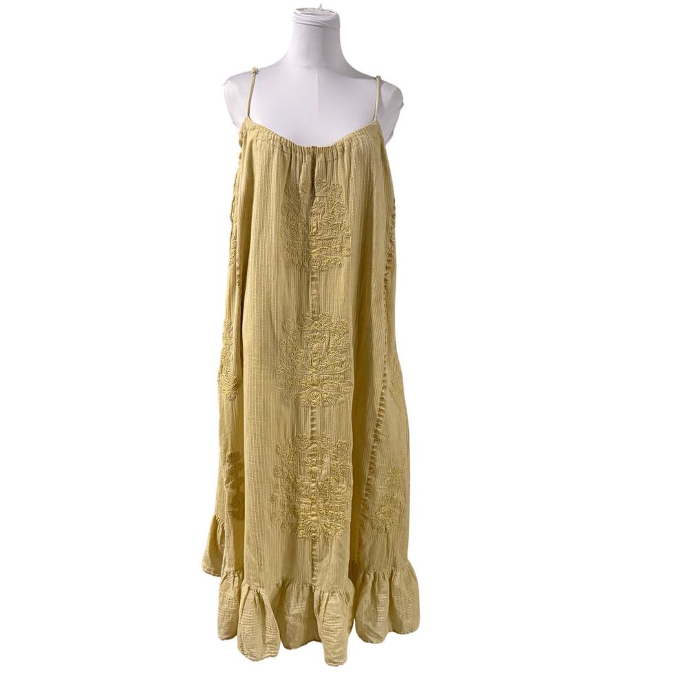 Zara Embroidered Relaxed Cotton Maxi Dress Butter Yellow Boho Sleeveless Large - Picture 2 of 10